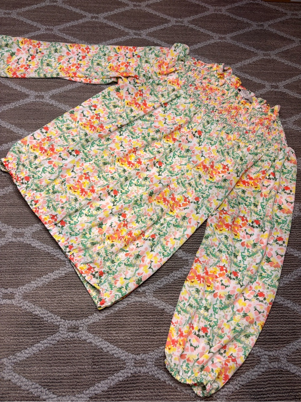 LOFT Floral Smocked Yoke Long-Sleeve Blouse - Yellow, Pink & Green - Picture 3 of 3